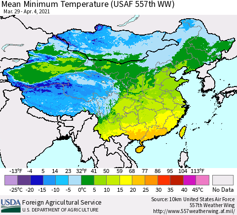 China, Mongolia and Taiwan Mean Minimum Temperature (USAF 557th WW) Thematic Map For 3/29/2021 - 4/4/2021