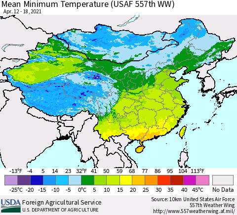 China, Mongolia and Taiwan Mean Minimum Temperature (USAF 557th WW) Thematic Map For 4/12/2021 - 4/18/2021
