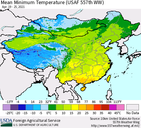 China, Mongolia and Taiwan Mean Minimum Temperature (USAF 557th WW) Thematic Map For 4/19/2021 - 4/25/2021