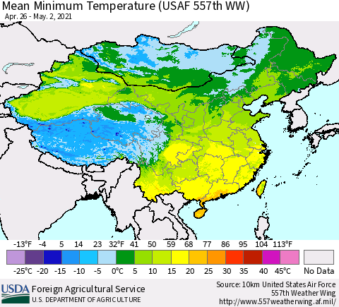 China, Mongolia and Taiwan Mean Minimum Temperature (USAF 557th WW) Thematic Map For 4/26/2021 - 5/2/2021