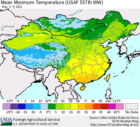 China, Mongolia and Taiwan Mean Minimum Temperature (USAF 557th WW) Thematic Map For 5/3/2021 - 5/9/2021