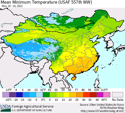 China, Mongolia and Taiwan Mean Minimum Temperature (USAF 557th WW) Thematic Map For 5/10/2021 - 5/16/2021