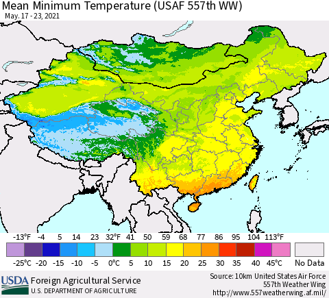 China, Mongolia and Taiwan Mean Minimum Temperature (USAF 557th WW) Thematic Map For 5/17/2021 - 5/23/2021