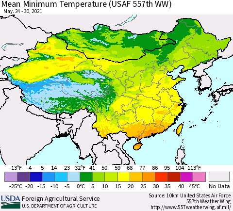 China, Mongolia and Taiwan Mean Minimum Temperature (USAF 557th WW) Thematic Map For 5/24/2021 - 5/30/2021