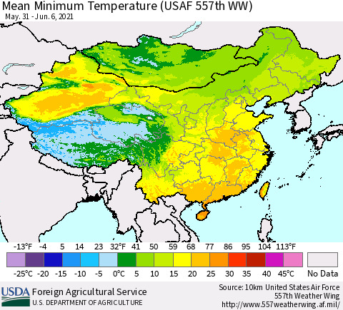 China, Mongolia and Taiwan Mean Minimum Temperature (USAF 557th WW) Thematic Map For 5/31/2021 - 6/6/2021