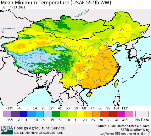 China, Mongolia and Taiwan Mean Minimum Temperature (USAF 557th WW) Thematic Map For 6/7/2021 - 6/13/2021