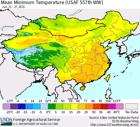 China, Mongolia and Taiwan Mean Minimum Temperature (USAF 557th WW) Thematic Map For 6/21/2021 - 6/27/2021