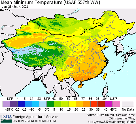 China, Mongolia and Taiwan Mean Minimum Temperature (USAF 557th WW) Thematic Map For 6/28/2021 - 7/4/2021