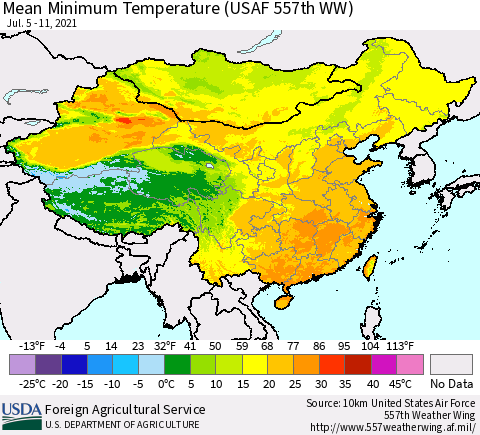 China, Mongolia and Taiwan Mean Minimum Temperature (USAF 557th WW) Thematic Map For 7/5/2021 - 7/11/2021