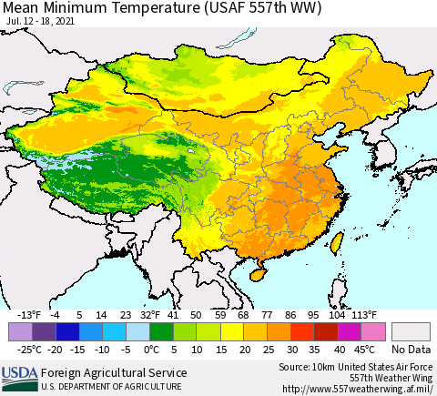 China, Mongolia and Taiwan Mean Minimum Temperature (USAF 557th WW) Thematic Map For 7/12/2021 - 7/18/2021