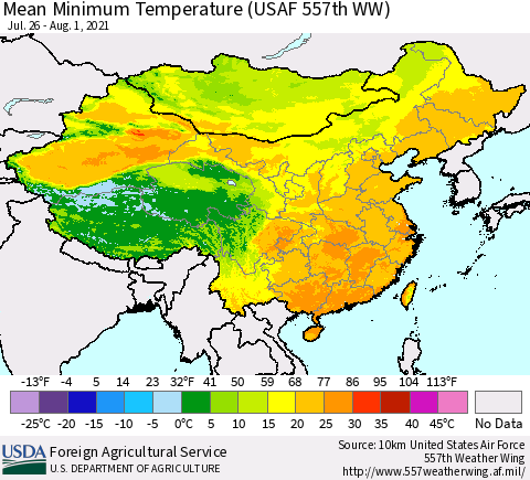 China, Mongolia and Taiwan Mean Minimum Temperature (USAF 557th WW) Thematic Map For 7/26/2021 - 8/1/2021
