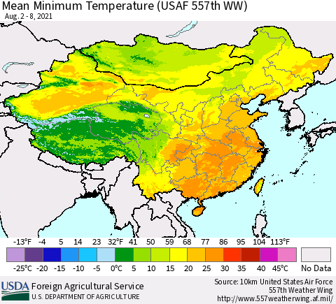 China, Mongolia and Taiwan Mean Minimum Temperature (USAF 557th WW) Thematic Map For 8/2/2021 - 8/8/2021