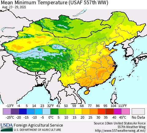 China, Mongolia and Taiwan Mean Minimum Temperature (USAF 557th WW) Thematic Map For 8/23/2021 - 8/29/2021