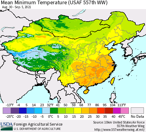 China, Mongolia and Taiwan Mean Minimum Temperature (USAF 557th WW) Thematic Map For 8/30/2021 - 9/5/2021