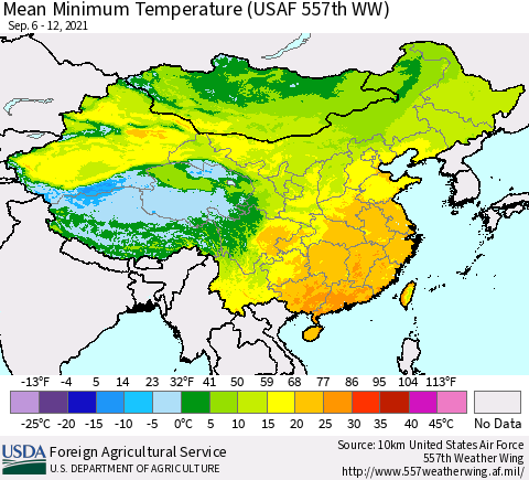 China, Mongolia and Taiwan Mean Minimum Temperature (USAF 557th WW) Thematic Map For 9/6/2021 - 9/12/2021