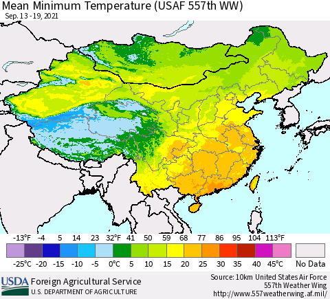 China, Mongolia and Taiwan Mean Minimum Temperature (USAF 557th WW) Thematic Map For 9/13/2021 - 9/19/2021