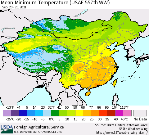 China, Mongolia and Taiwan Mean Minimum Temperature (USAF 557th WW) Thematic Map For 9/20/2021 - 9/26/2021