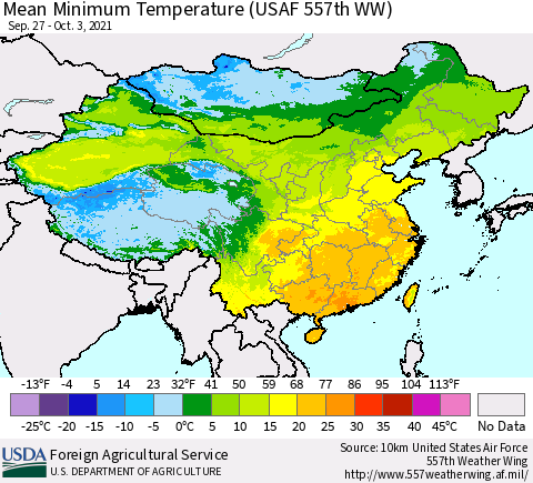 China, Mongolia and Taiwan Mean Minimum Temperature (USAF 557th WW) Thematic Map For 9/27/2021 - 10/3/2021