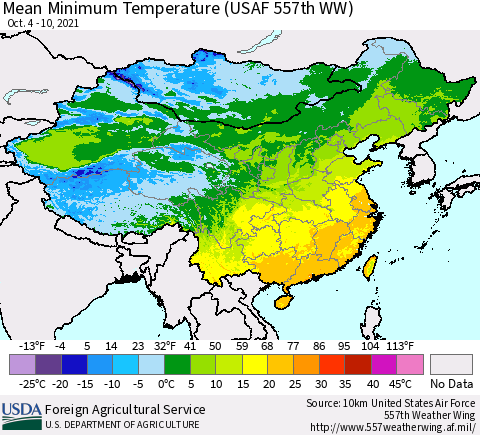 China, Mongolia and Taiwan Mean Minimum Temperature (USAF 557th WW) Thematic Map For 10/4/2021 - 10/10/2021