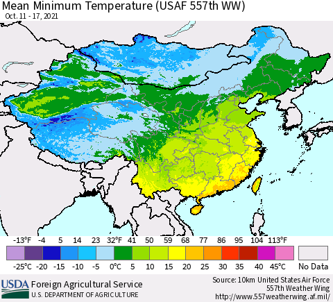 China, Mongolia and Taiwan Mean Minimum Temperature (USAF 557th WW) Thematic Map For 10/11/2021 - 10/17/2021