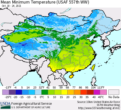 China, Mongolia and Taiwan Mean Minimum Temperature (USAF 557th WW) Thematic Map For 10/18/2021 - 10/24/2021