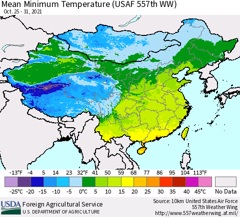 China, Mongolia and Taiwan Mean Minimum Temperature (USAF 557th WW) Thematic Map For 10/25/2021 - 10/31/2021