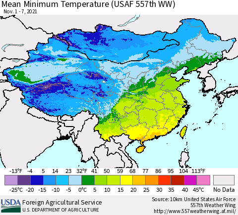 China, Mongolia and Taiwan Mean Minimum Temperature (USAF 557th WW) Thematic Map For 11/1/2021 - 11/7/2021