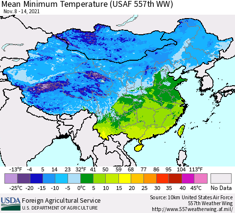 China, Mongolia and Taiwan Mean Minimum Temperature (USAF 557th WW) Thematic Map For 11/8/2021 - 11/14/2021