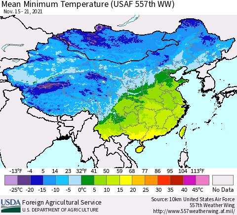 China, Mongolia and Taiwan Mean Minimum Temperature (USAF 557th WW) Thematic Map For 11/15/2021 - 11/21/2021