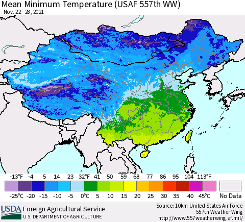 China, Mongolia and Taiwan Mean Minimum Temperature (USAF 557th WW) Thematic Map For 11/22/2021 - 11/28/2021