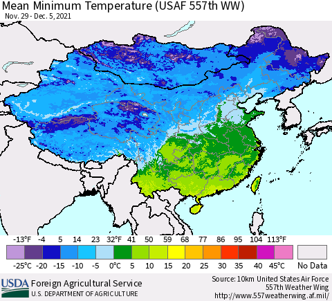 China, Mongolia and Taiwan Mean Minimum Temperature (USAF 557th WW) Thematic Map For 11/29/2021 - 12/5/2021