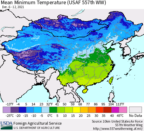 China, Mongolia and Taiwan Mean Minimum Temperature (USAF 557th WW) Thematic Map For 12/6/2021 - 12/12/2021