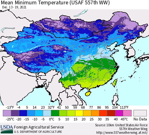 China, Mongolia and Taiwan Mean Minimum Temperature (USAF 557th WW) Thematic Map For 12/13/2021 - 12/19/2021
