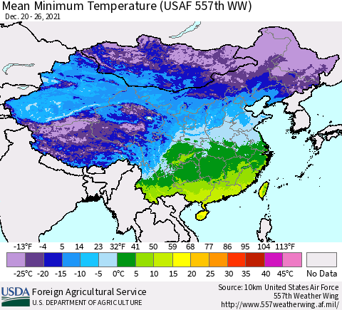 China, Mongolia and Taiwan Mean Minimum Temperature (USAF 557th WW) Thematic Map For 12/20/2021 - 12/26/2021