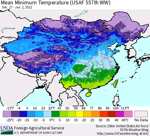 China, Mongolia and Taiwan Mean Minimum Temperature (USAF 557th WW) Thematic Map For 12/27/2021 - 1/2/2022