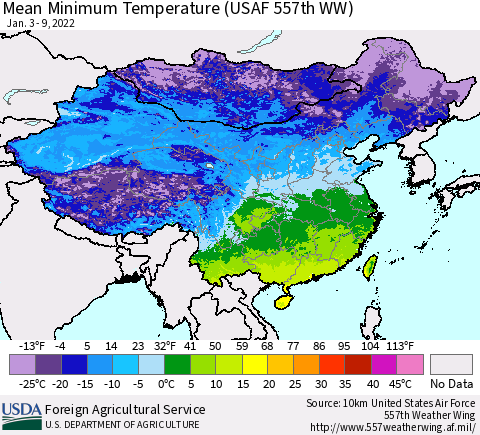 China, Mongolia and Taiwan Mean Minimum Temperature (USAF 557th WW) Thematic Map For 1/3/2022 - 1/9/2022