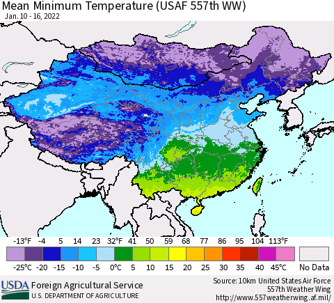 China, Mongolia and Taiwan Mean Minimum Temperature (USAF 557th WW) Thematic Map For 1/10/2022 - 1/16/2022