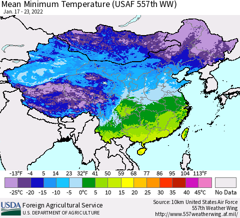 China, Mongolia and Taiwan Mean Minimum Temperature (USAF 557th WW) Thematic Map For 1/17/2022 - 1/23/2022