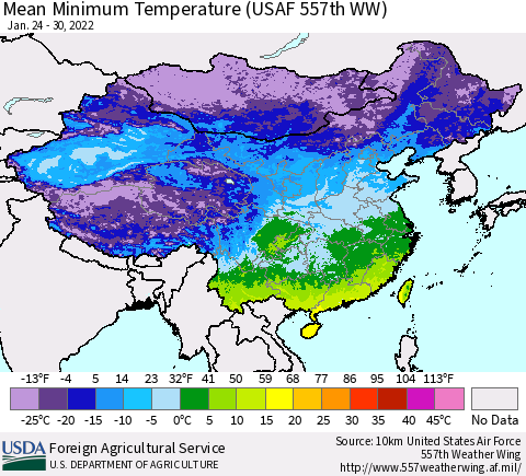 China, Mongolia and Taiwan Mean Minimum Temperature (USAF 557th WW) Thematic Map For 1/24/2022 - 1/30/2022