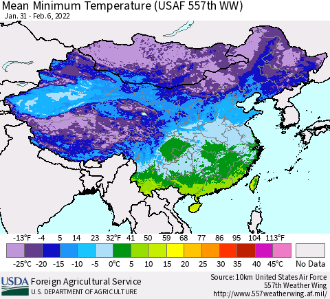 China, Mongolia and Taiwan Mean Minimum Temperature (USAF 557th WW) Thematic Map For 1/31/2022 - 2/6/2022