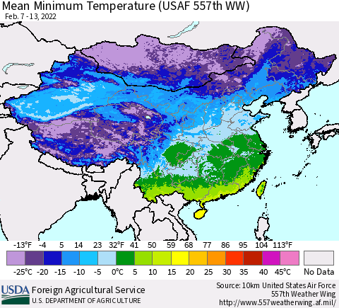 China, Mongolia and Taiwan Mean Minimum Temperature (USAF 557th WW) Thematic Map For 2/7/2022 - 2/13/2022