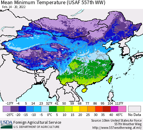 China, Mongolia and Taiwan Mean Minimum Temperature (USAF 557th WW) Thematic Map For 2/14/2022 - 2/20/2022