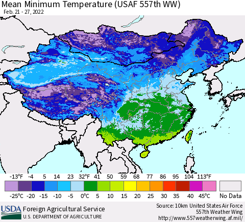 China, Mongolia and Taiwan Mean Minimum Temperature (USAF 557th WW) Thematic Map For 2/21/2022 - 2/27/2022