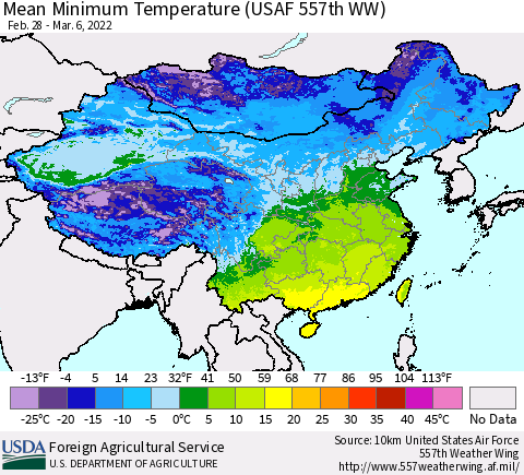 China, Mongolia and Taiwan Mean Minimum Temperature (USAF 557th WW) Thematic Map For 2/28/2022 - 3/6/2022