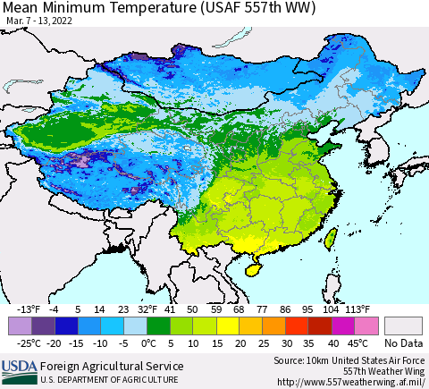 China, Mongolia and Taiwan Mean Minimum Temperature (USAF 557th WW) Thematic Map For 3/7/2022 - 3/13/2022