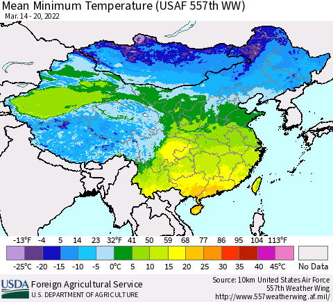China, Mongolia and Taiwan Mean Minimum Temperature (USAF 557th WW) Thematic Map For 3/14/2022 - 3/20/2022