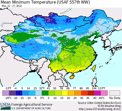 China, Mongolia and Taiwan Mean Minimum Temperature (USAF 557th WW) Thematic Map For 3/21/2022 - 3/27/2022
