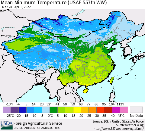 China, Mongolia and Taiwan Mean Minimum Temperature (USAF 557th WW) Thematic Map For 3/28/2022 - 4/3/2022