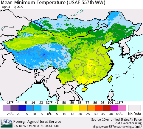 China, Mongolia and Taiwan Mean Minimum Temperature (USAF 557th WW) Thematic Map For 4/4/2022 - 4/10/2022