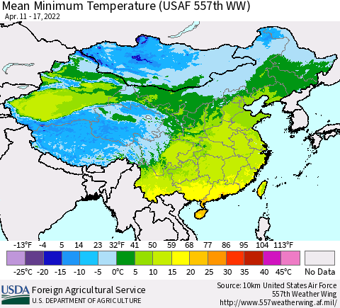 China, Mongolia and Taiwan Mean Minimum Temperature (USAF 557th WW) Thematic Map For 4/11/2022 - 4/17/2022